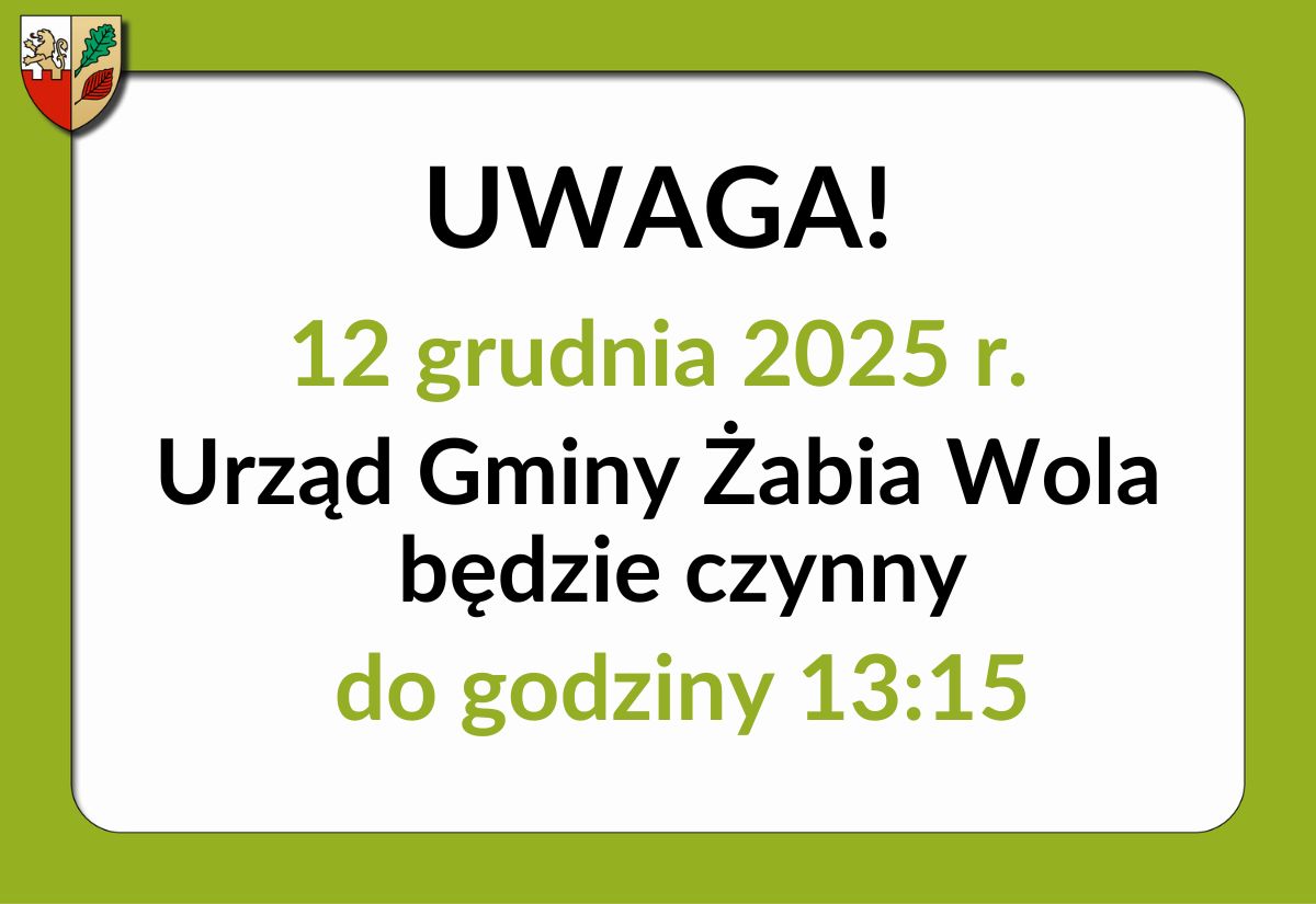 UWAGA! Zmiana godzin pracy UG w dniu 12.12.2025 r.